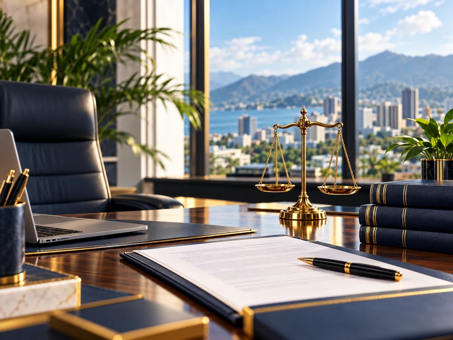 A legal office desk with scales of justice, overlooking Kingston, Jamaica