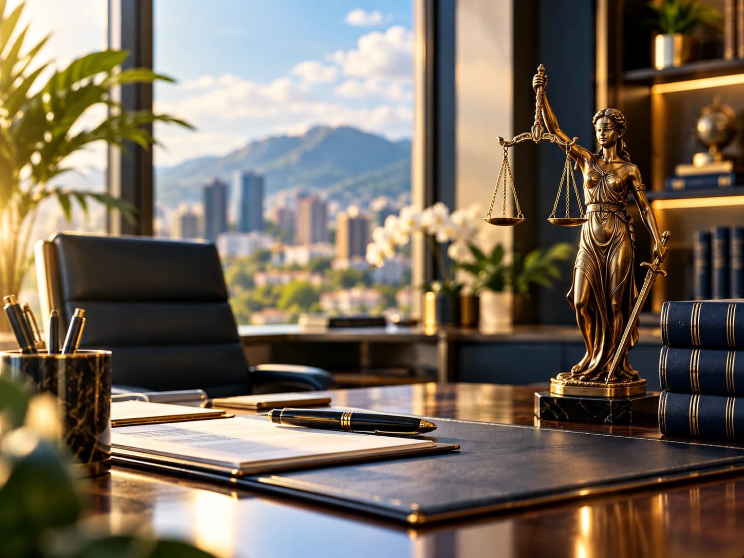 A law office interior with a scales-of-justice statuette
